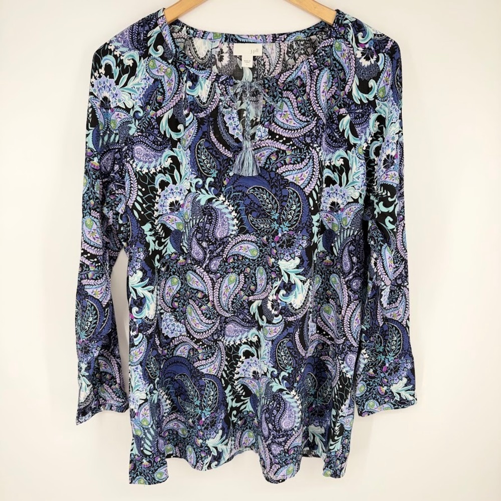 J.Jill Boho Rayon Tunic Blouse Womens L Multi Paisley Tassel Tie Neck Office